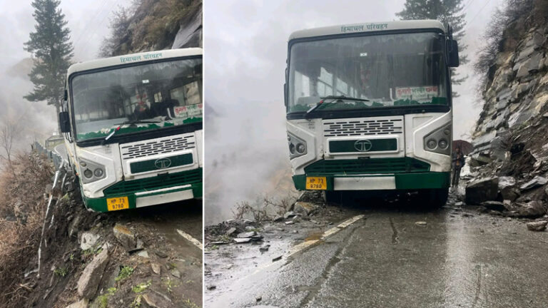 Rocks Fall from Hillside onto HRTC Bus; Approximately 20 Passengers Onboard; Front Tire Veers Off Road
